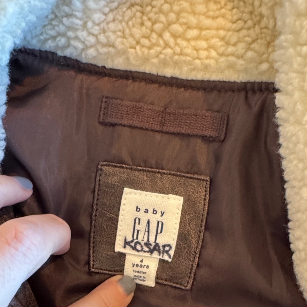 Kids Brown Faux Leather Jacket with off white Sherpa Collar - Picture 3 of 9